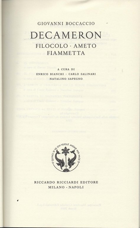 Decameron. Filocolo. Ameto. Fiammetta. A cura di Enrico Bianchi, Carlo …