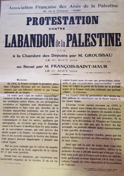 Affiche : Protestation contre l'abandon de la Palestine lue à …