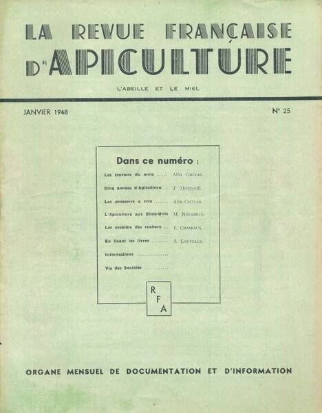 La revue francçaise d'Apiculture - Janvier 1948. N°25