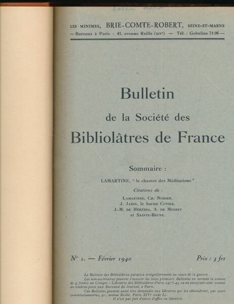 Bulletin de la Société des Bibliolâtres de France. Numéros 1 …