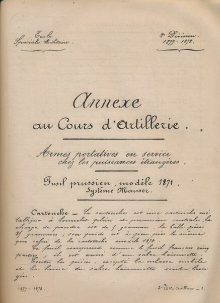 Cours d'Artillerie. Ecole spéciale militaire. 2e division 1877 - 1878
