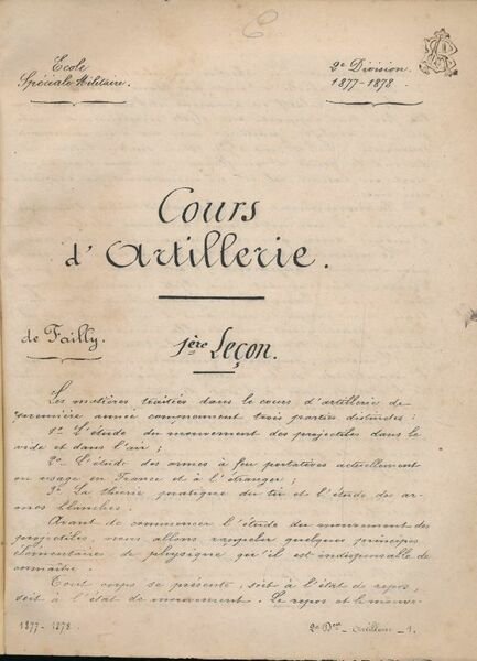 Cours d'Artillerie. Ecole spéciale militaire. 2e division 1877 - 1878