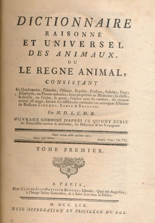 Dictionnaire raisonné et universel des animaux, ou le règne animal