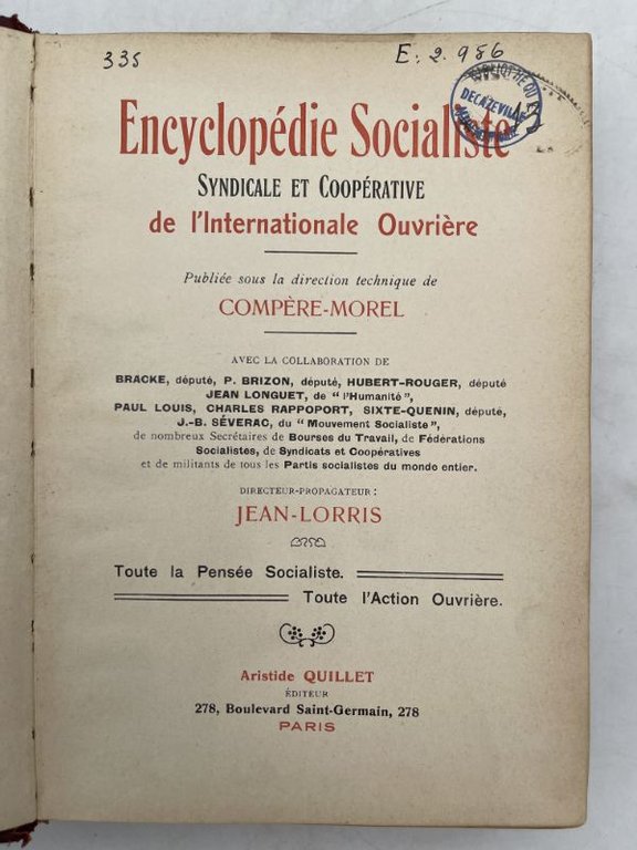 Encyclopédie socialiste et cooperative de l'Internationale Ouvrière publiée sous la …