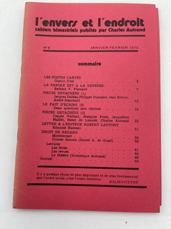 L'envers et l'endroit. 21 numéros du n°1 au n° 24. …