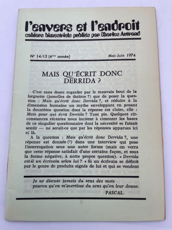 L'envers et l'endroit. 21 numéros du n°1 au n° 24. …
