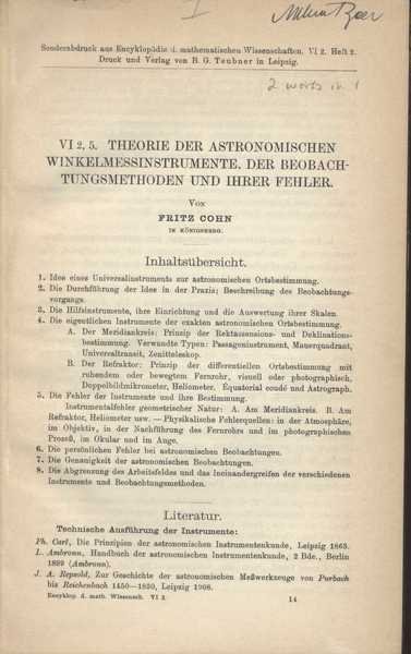 Theorie der Astronomischen Winkelmessinstrumente, der Beobachtungsmethoden und Ihrer Fehler together …