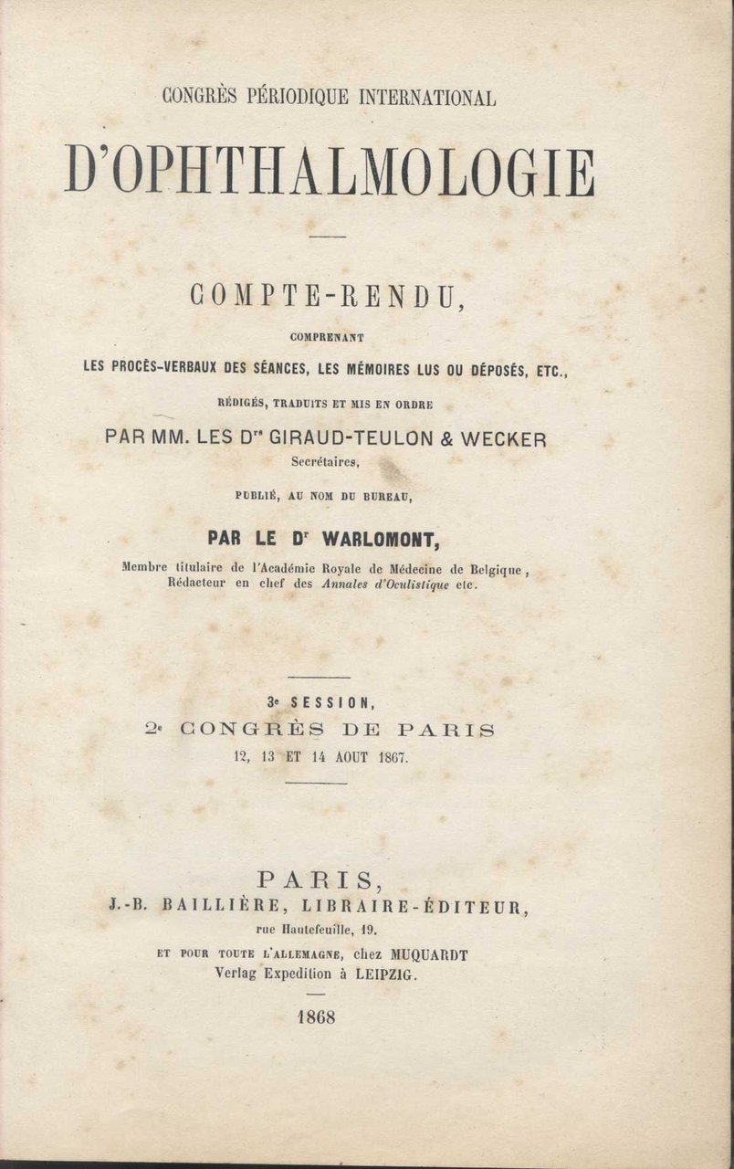 Congrès Périodique International d’Ophthalmologie 1867