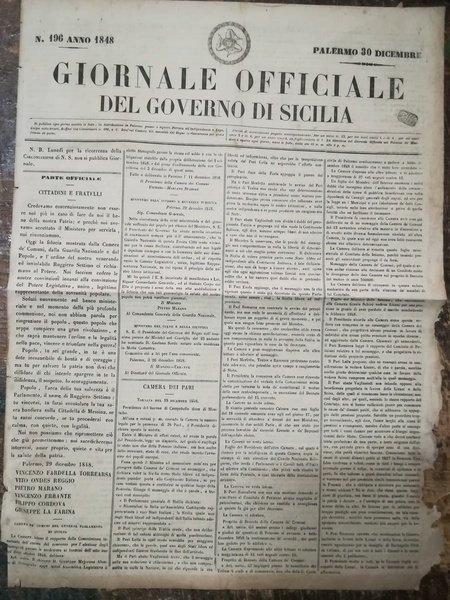 Giornale Officiale del Governo di Sicilia. Palermo, 30 Dicembre 1848.
