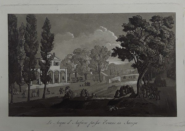 Le acque d'Ansione presso Eviano in Savoia. Acquatinta. GANDINI, 1831.