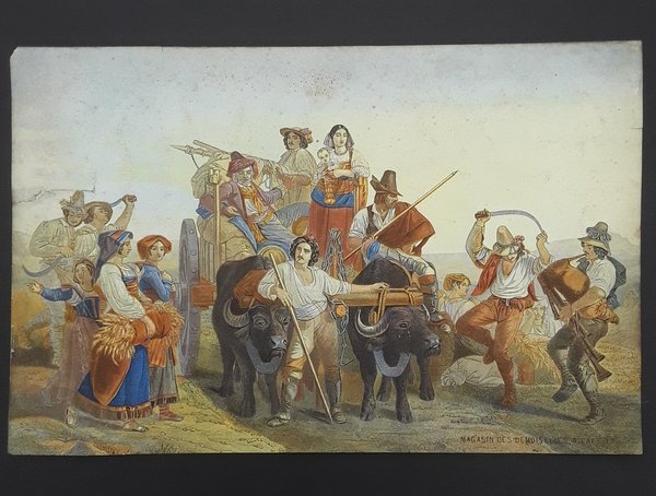 Mietitori delle Paludi Pontine. Litografia a colori. Magasin des Demoiselles, …