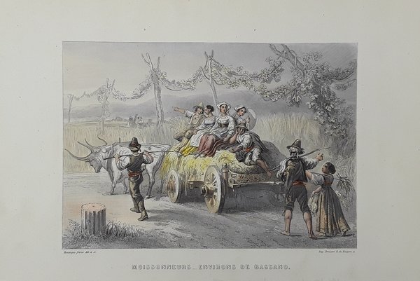 Moissonneurs, environs de Bassano. Incisione in acciaio con fine coloritura …