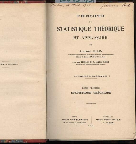 PRINCIPES DE STATISTIQUE THÉORIQUE ET APPLIQUÉE