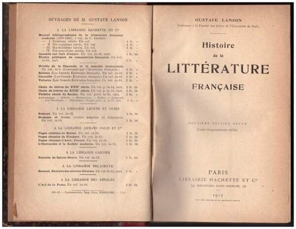 HISTOIRE DE LA LITTERATURE FRANCAISE douzieme édition revue (1912)