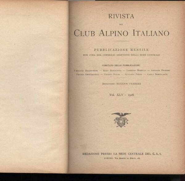 RIVISTA DEL CLUB ALPINO ITALIANO-Pubblivazione mensile vol. XLV/XLVI(1926/1927) | Immagine principale