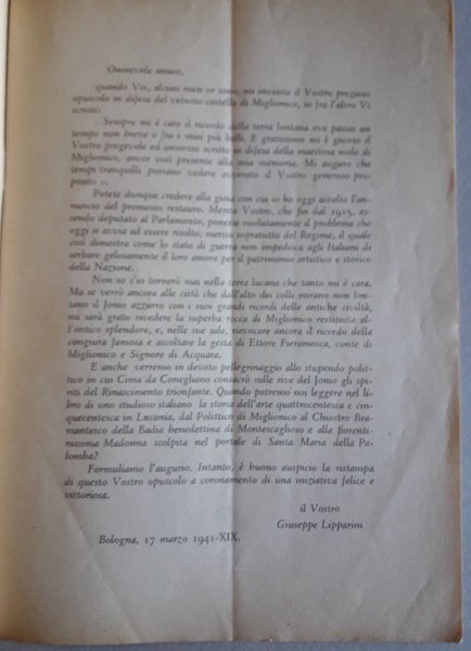 PER IL CASTELLO DI MIGLIONICO( 1941)