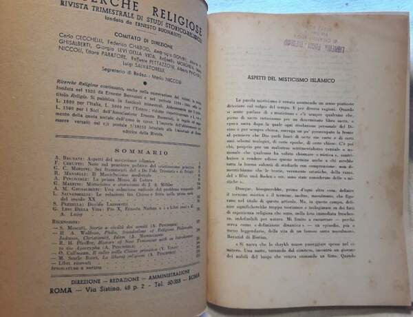 RICERCHE RELIGIOSE-RIVISTA DI STUDI STORICO.RELIGIOSI .VOL. XX- GEN-DIC 1949(LUGLIO 1950)
