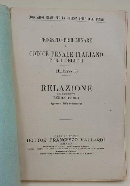 PROGETTO PRELIMINARE DI CODICE PENALE ITALIANO PER I DELITTI(LIBRO I)(1921)