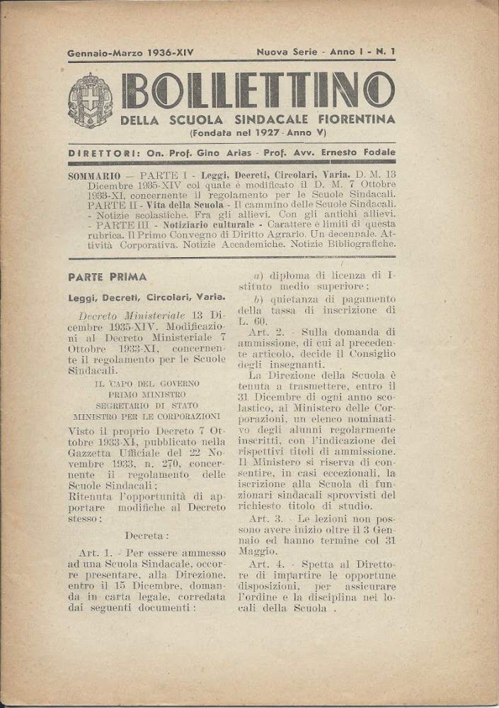 BOLLETTINO DELLA SCUOLA SINDACALE FIORENTINA (Fondata nel 1927 - Anno … | Immagine principale