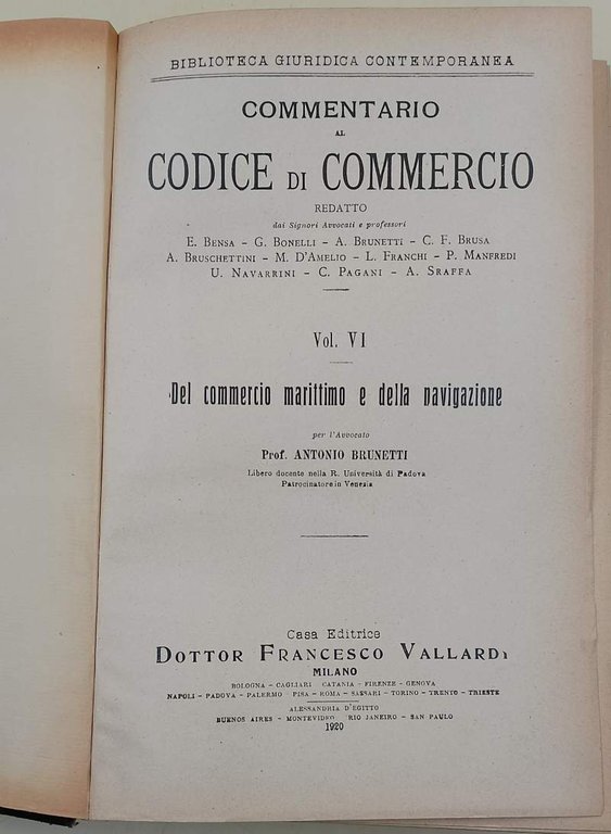 COMMENTARIO AL CODICE DI COMMERCIO-VOL. VI- DEL COMMERCIO MARITTIMO E …