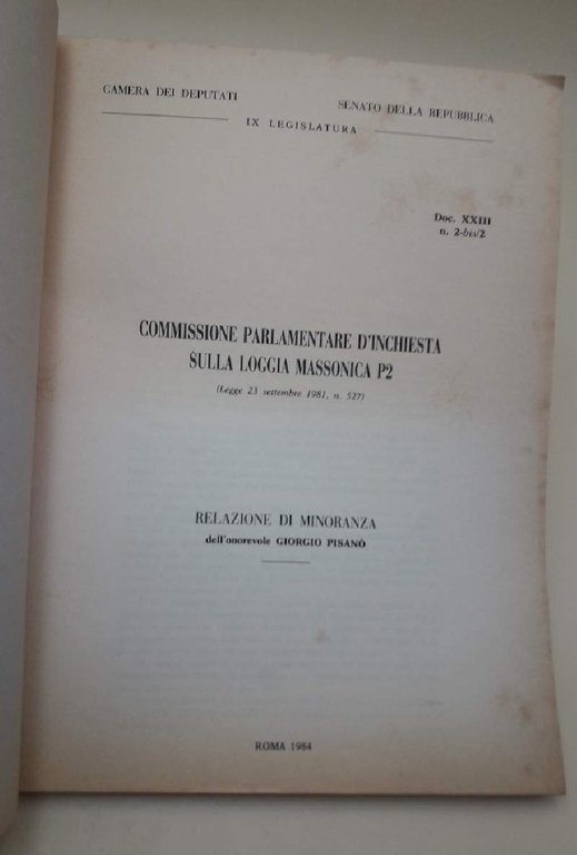 COMMISSIONE PARLAMENTARE D'INCHIESTA SULLA LOGGIA MASSONICA P2(LEGGE 23 SETTEMBRE 1981, …