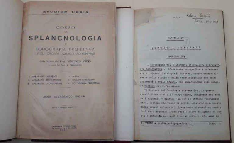 CORSO DI SPLANCNOLOGIA E TOPOGRAFIA PROIETTIVA DEGLI ORGANI TORACO-ADDOMINALI(1943)