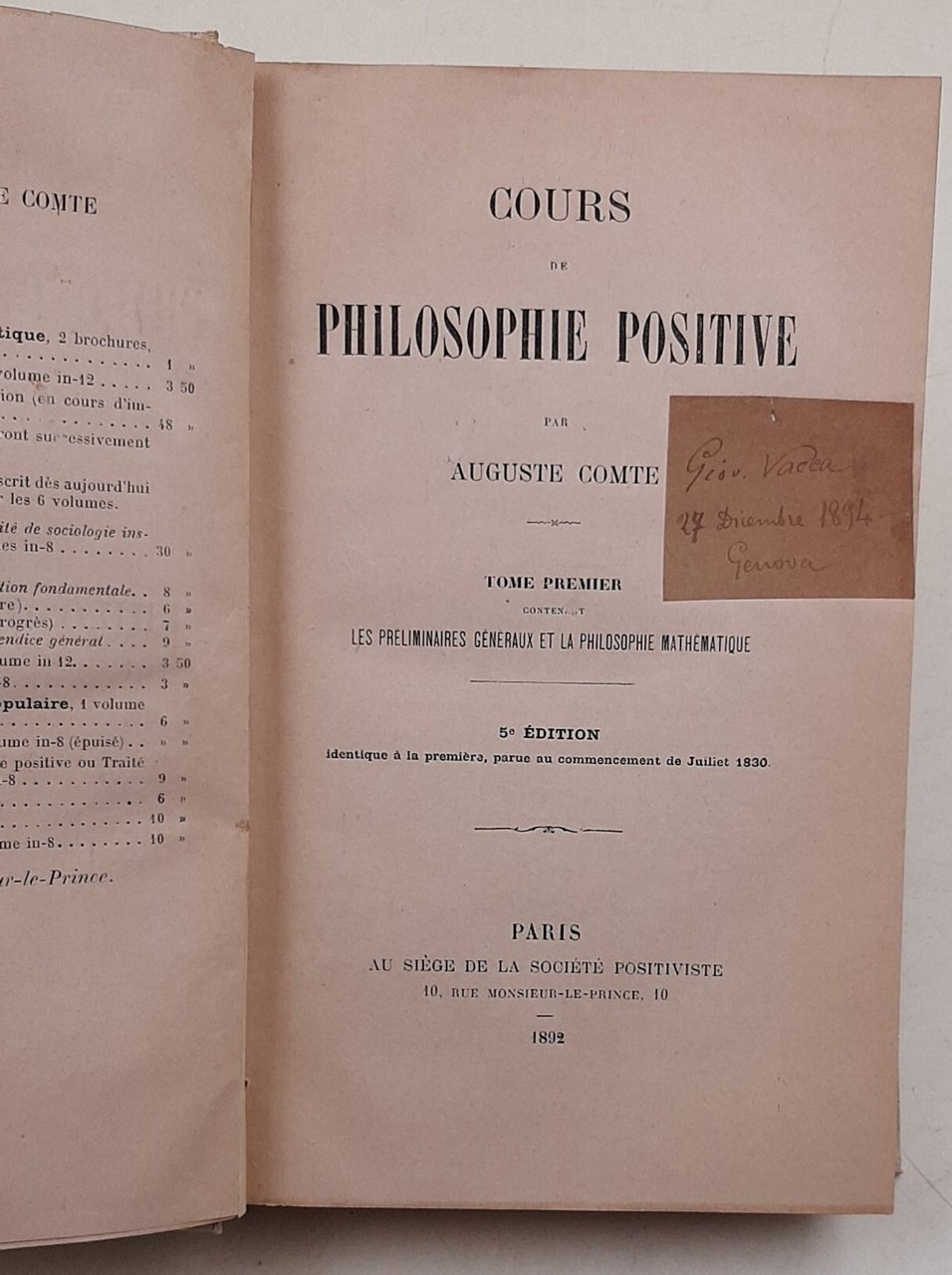 Cours de Philosophie positive- tome premier- les preliminaires generaux et … | Immagine principale