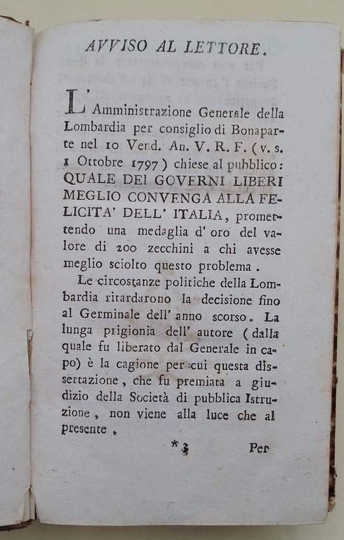 DISSERTAZIONE DI MELCHIORRE GIOJA SUL PROBLEMA DELL'AMMINISTRAZIONE GENERALE DELLA LOMBARDIA...(1797)