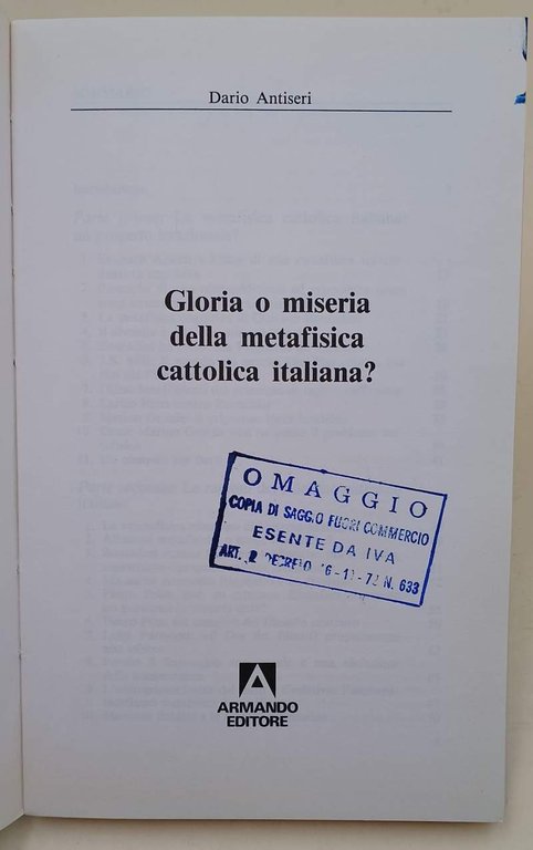 GLORIA O MISERIA DELLA METAFISICA CATTOLICA ITALIANA?(1987)