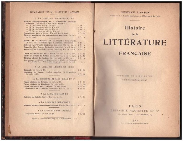 HISTOIRE DE LA LITTERATURE FRANCAISE douzieme édition revue (1912)
