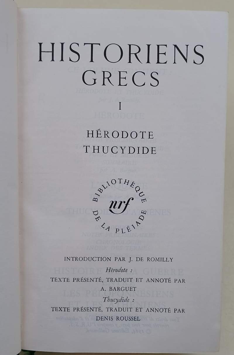 HISTORIENS GRECS- I- HERODOTE- THUCYDIDE( 1964)