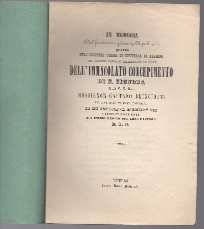 IN MEMORIA DEL FAUSTISSIMO GIORNO 29 APRILE 1855 QUANDO NELL'ILLUSTRE …