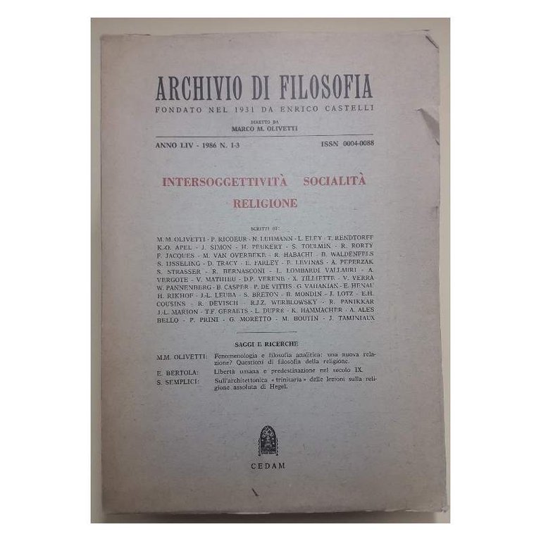 INTERSOGGETTIVITA' SOCIALITA' RELIGIONE-ANNO LIV-1986 N. 1-3
