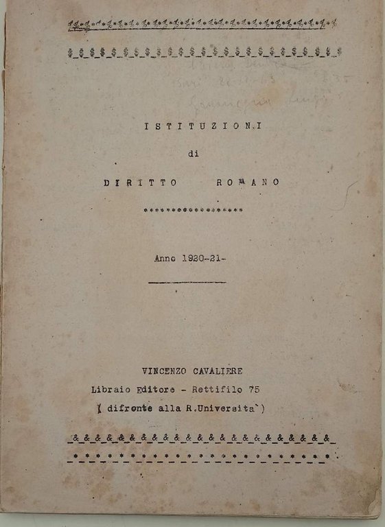 ISTITUZIONI DI DIRITTO ROMANO-ANNO 1920-21