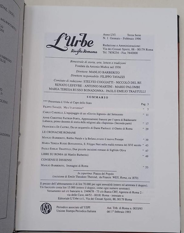 L'URBE- RIVISTA ROMANA- ANNO LVI TERZA SERIE(1996)