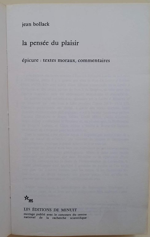 LA PENSEE DU PLASIR-EPICURE:TEXTES MORAUX, COMMENTAIRES(1975)
