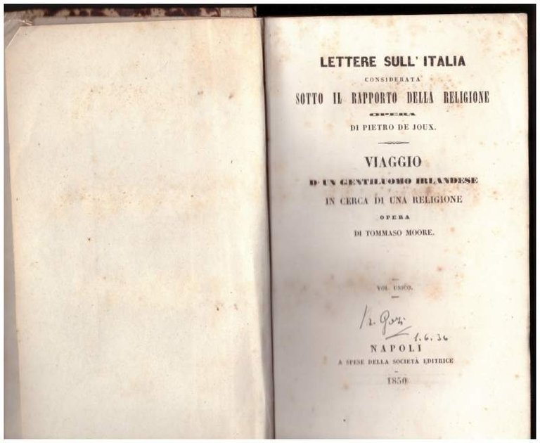 LETTERE SULL'ITALIA CONSIDERATA SOTTO IL RAPPORTO DELLA RELIGIONE. VIAGGIO D'UN …