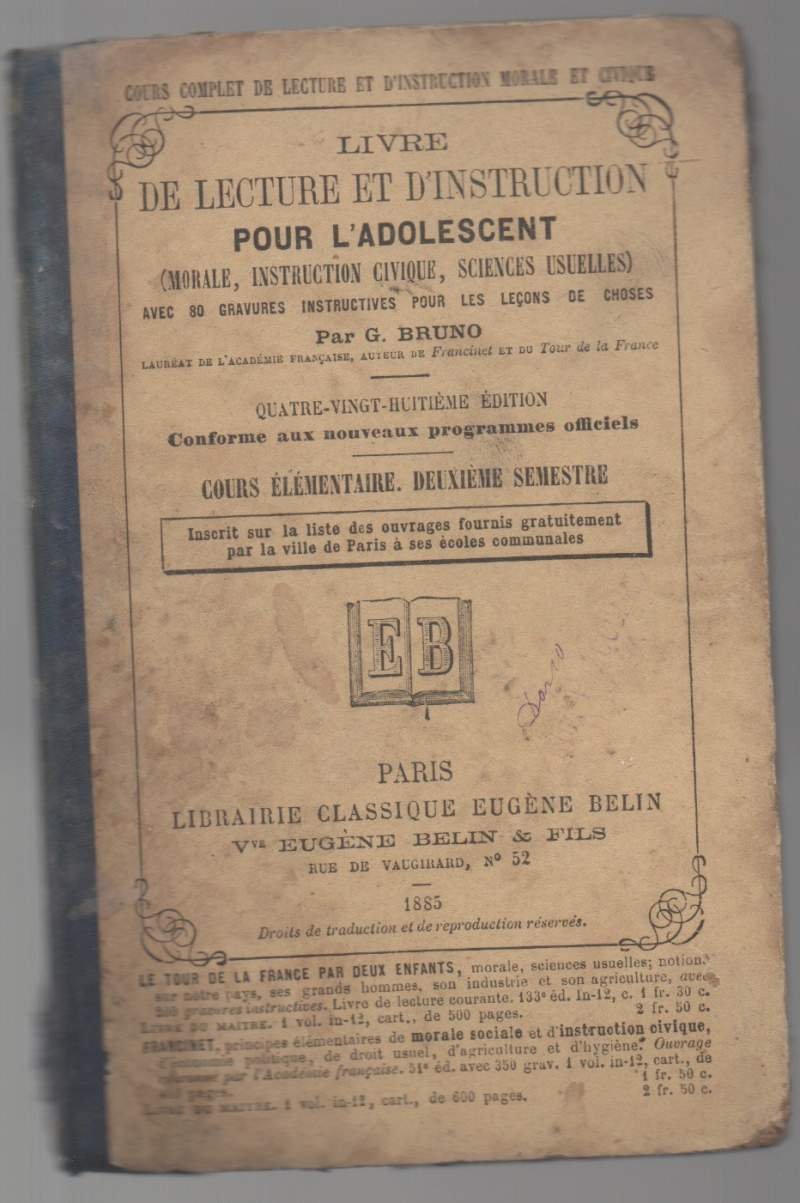 LIVRE DE LECTURE ET D'INSTRUCTION POUR L'ADOLESCENT (morale, instruction civique, … | Immagine principale