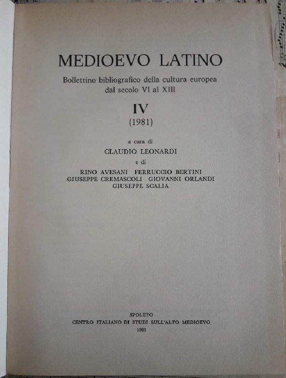 MEDIOEVO LATINO-Bollettino bibliografico della cultura europea dal secolo VI al …