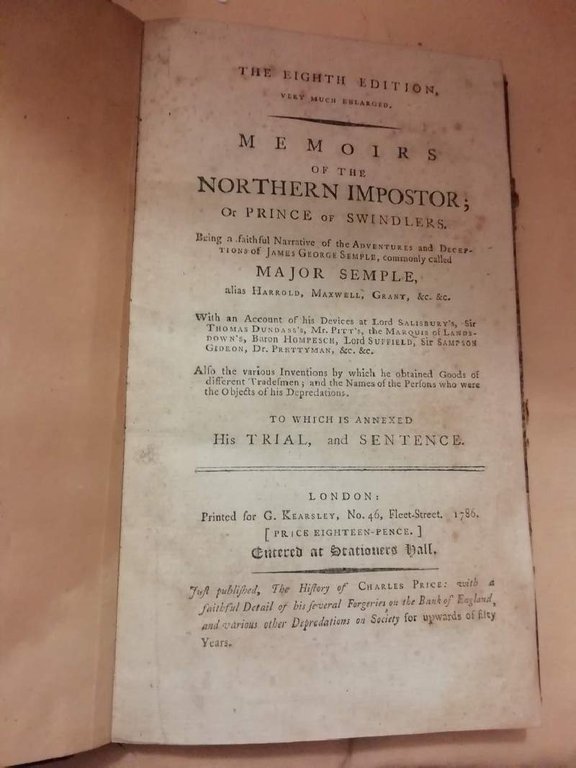 MEMOIRS OF THE NORTHERN IMPOSTOR or prince of Swindlers (1786)