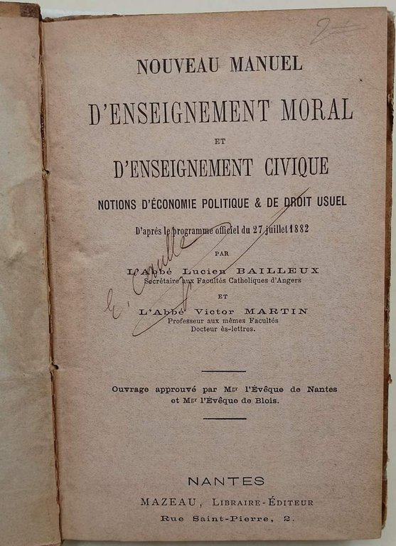 NOUVEAU MANUEL D'ENSEIGNEMENT MORAL ET D'ENSEIGNEMENT CIVIQUE-NOTIONS D'ECONOMIE POLITIQUE & …