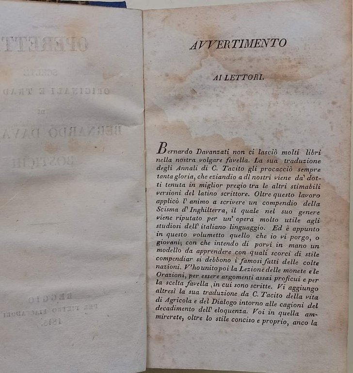 OPERETTE SCELTE ORIGINALI TRADOTTE DI BERNARDO DAVANZATI BOSTICHI(1845)