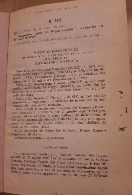 POPOLAZIONE LEGALE DEL REGNO SECONDO IL CENSIMENTO DEL 21 APRILE …