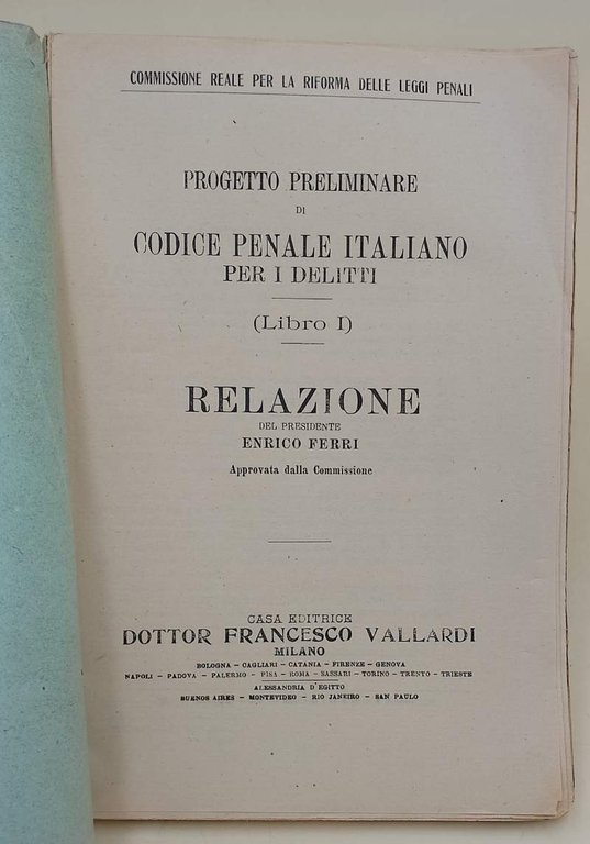 PROGETTO PRELIMINARE DI CODICE PENALE ITALIANO PER I DELITTI(LIBRO I)(1921)