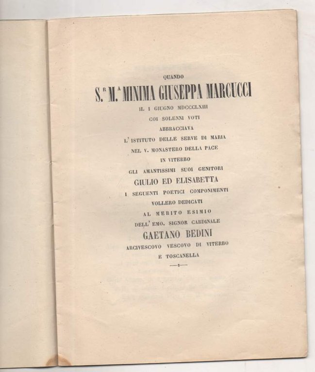 QUANDO S.R M.A. MINIMA GIUSEPPA MARCUCCI il I giugno MDCCCLXIII …