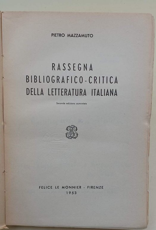 RASSEGNA BIBLIOGRAFICO-CRITICA DELLA LETTERATURA ITALIANA( 1953)