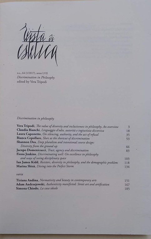 RIVISTA DI ESTETICA- DISCRIMINATION IN PHILOSOPHY( 2017)