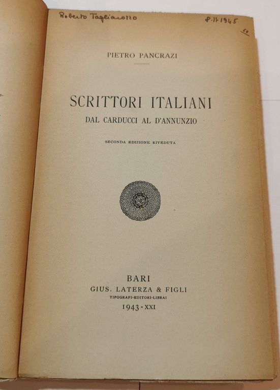 Scrittori italiani dal Carducci al D'Annunzio