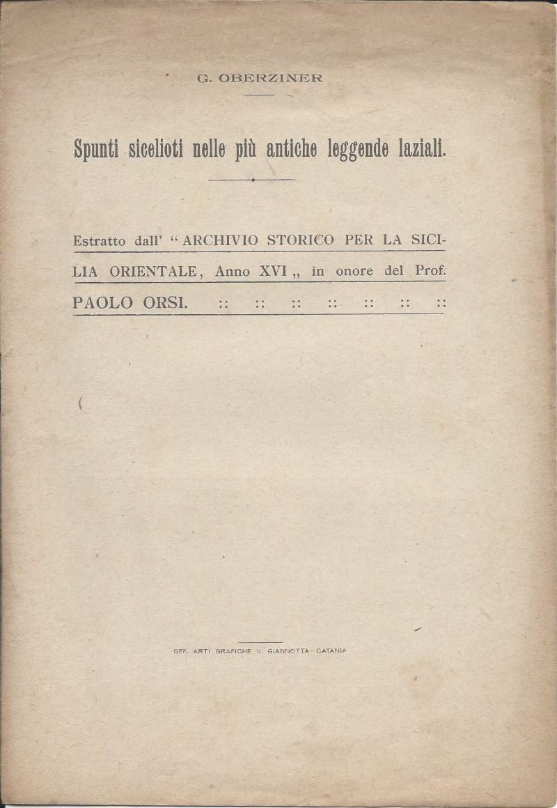 SPUNTI SICELIOTI NELLE PIU ANTICHE LEGGENDE LAZIALI (1919) | Immagine principale