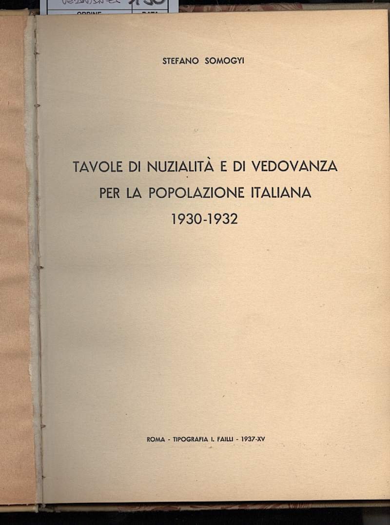 TAVOLE DI NUZIALITA E DI VEDOVANZA PER LA POPOLAZIONE ITALIANA … | Immagine principale